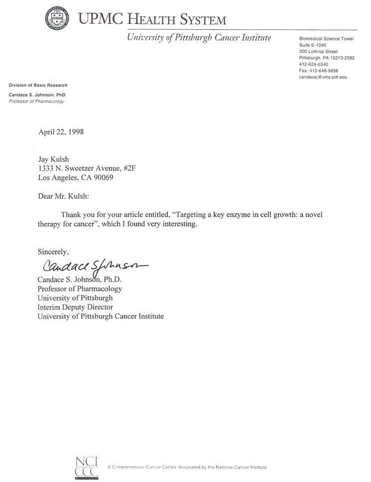 1998 Letter from Pittsburgh Cancer Center 1998-Ltr-PittsburghCC
